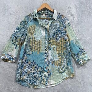 Coldwater Creek Blouse Womens M 10-12 Floral Hippie Boho Roll Tab Sleeve 90s